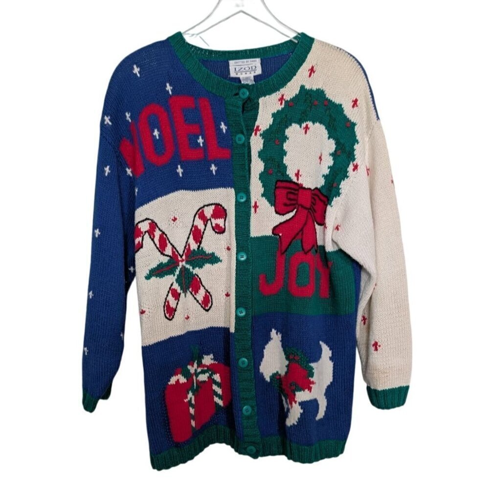 Vintage Izod Hand Knit Christmas Cardigan Womens Size 2X Blue Noel Candy Cane